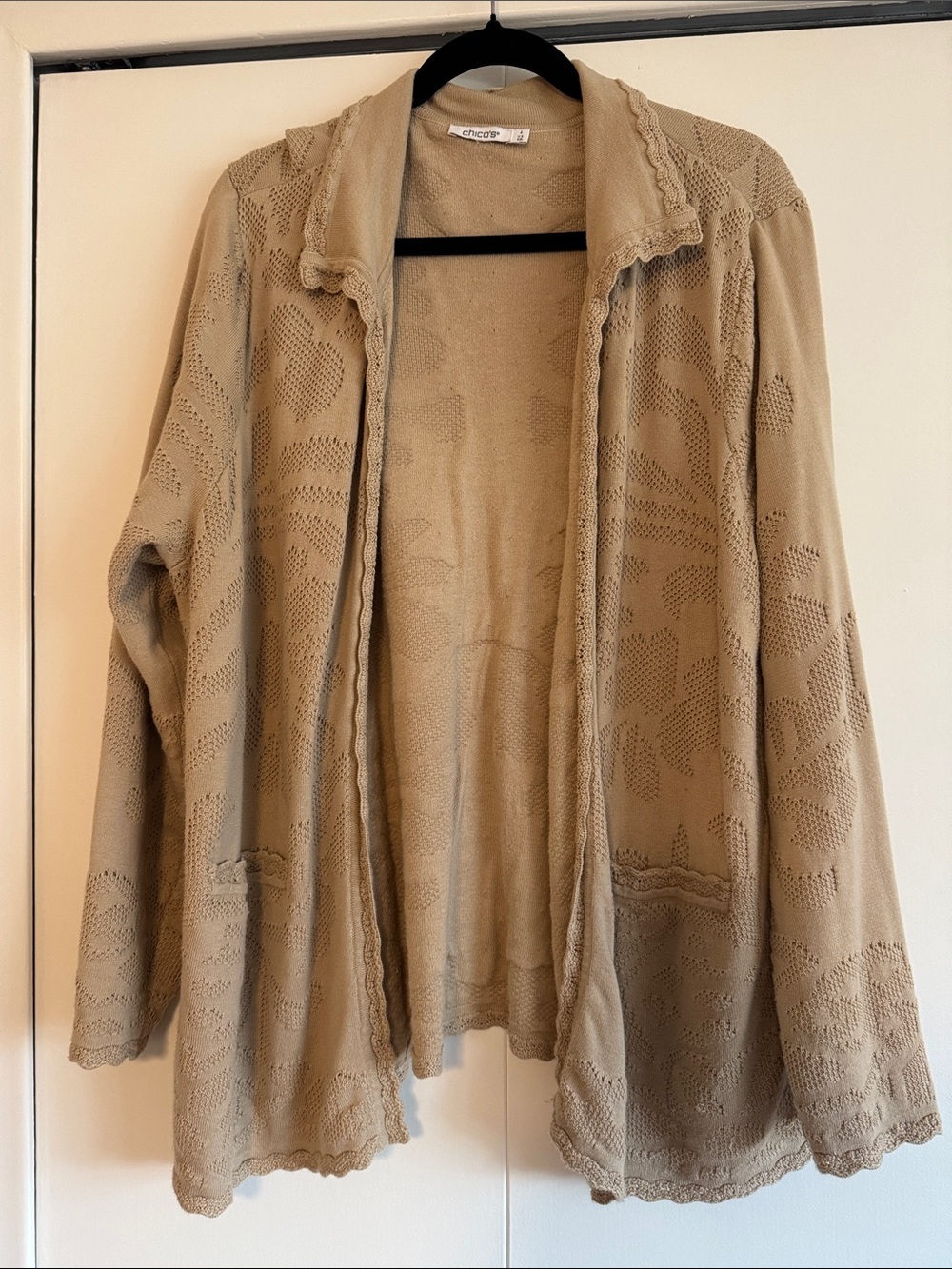 Chico's Beige Open-Front Lace-Trim Cardigan